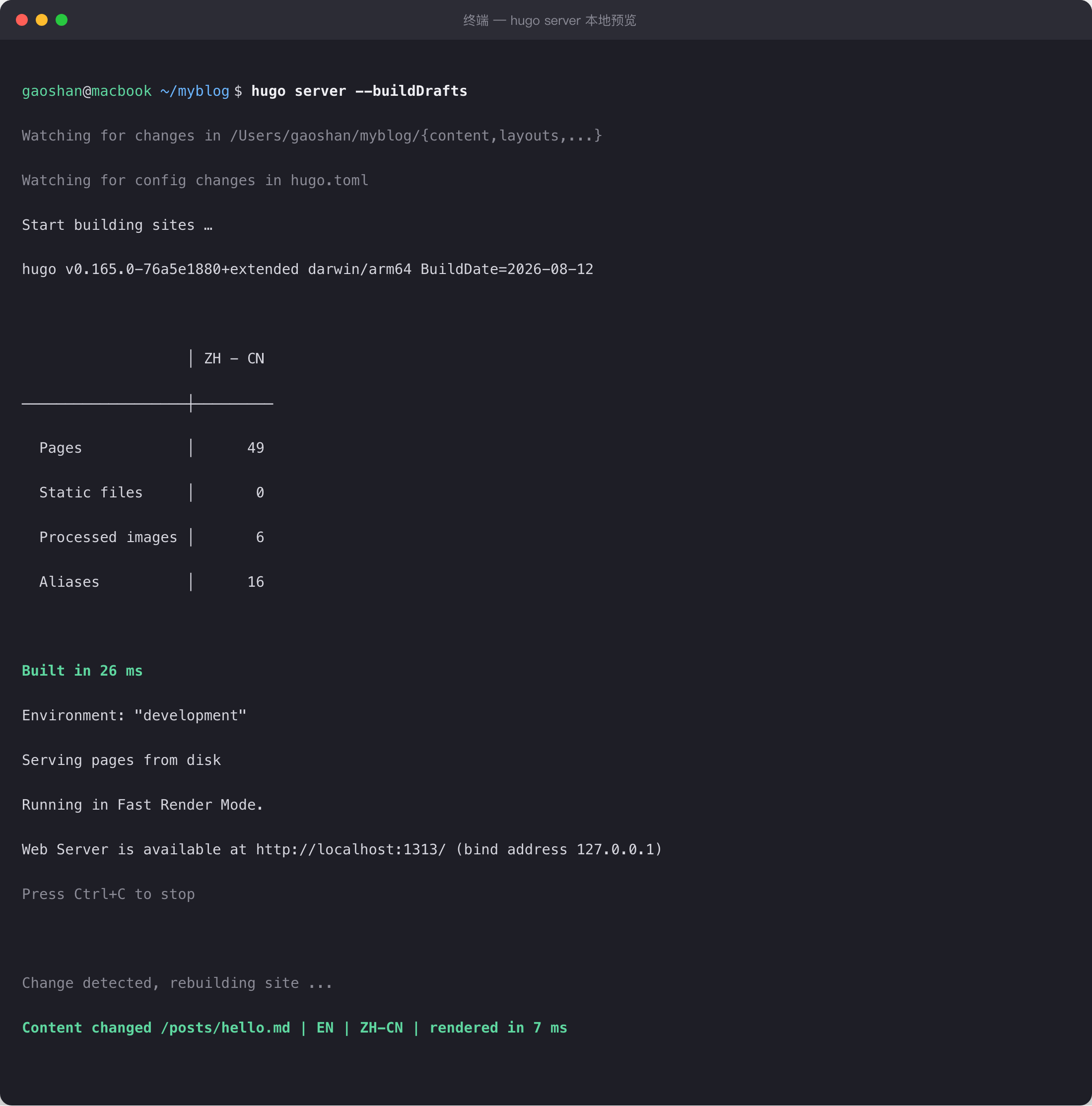 hugo server 启动输出